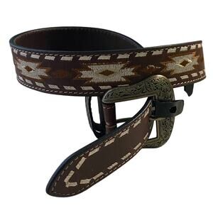 New Western American Bison Leather Belt 30-32 India Embroidered Cowboy Native